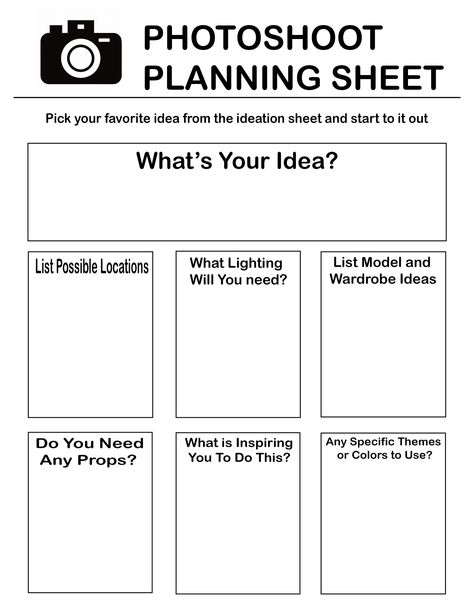 A set of 4 printable .pdf's that give you everything you need to plan a photo shoot. Space to work out ideas, note locations equipment, organize shot flow, budget, and a final checklist to keep everything on track.  This easy to use guide breaks the process down into 4 easy to follow steps:  Step 1: Ideation Step 2: Planning Step 3: Shot List & Flow Step 4: Budget & Final Checklist Please note that this is a digital download only (4 .pfd files), no physical item will be shipped. Photoshoot Planner, Photography Classroom, Planner Photography, Photography Business Plan, Manual Photography, Digital Photography Lessons, Photographer Marketing, Creative Photography Techniques, Photography Basics