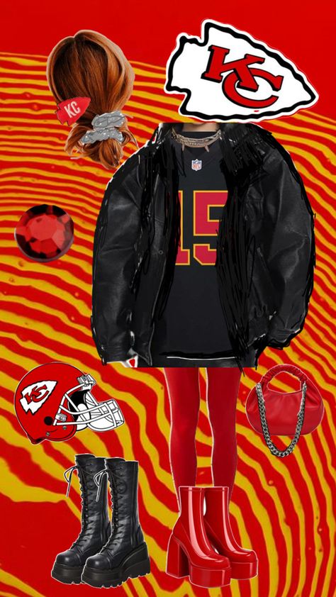 Game day outfit / kc / chiefs / sporty chic Chiefs Game Outfit, Red Kingdom, Gameday Outfits, Chiefs Game, Game Outfit, Game Day Outfit, Kc Chiefs, Fashion Collage, Gameday Outfit