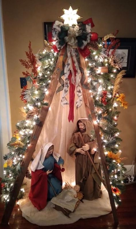 Ladder as Xmas tree + nativity Ladder Nativity Christmas Tree, Ladder Decor For Christmas, Manger Christmas Tree, Manger Instead Of Christmas Tree, Nativity Tree Christmas, Nativity Themed Christmas Tree, Nativity Christmas Tree, Christmas Nativity Scene Diy, Nativity Tree