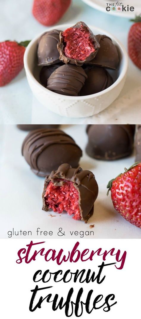 Coconut Truffles, Chocolate And Strawberry, Candy Truffles, Strawberry Filling, Truffle Recipe, Makanan Diet, Homemade Candies, Special Diets, Vegan Treats