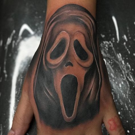 Ghostface for @piinkrunntz_ 🖤 • • • • #ghostface #ghostfacetattoo Ghost Face Hand Tattoo, Face Tattoo On Hand, Scream Face Tattoo, Ghost Face Tattoo Design, Face Hand Tattoo, Ghost Face Tattoo, Face Tattoo Design, Scream Face, Tattoo On Hand