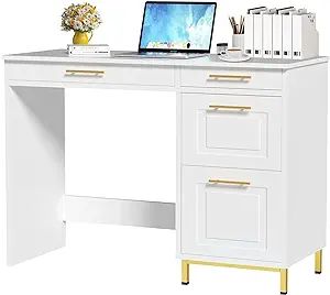 White Writing Desk With Drawers, Bedroom Writing Desk, White Desk With Drawers, Bedroom Vanity Desk, Desk For Bedroom, White Writing Desk, Small Computer Desk, Writing Desk With Drawers, Gold Desk