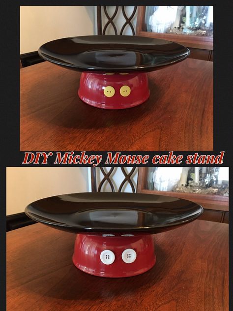 Mickey Mouse cake stand. Plate and bowl bought at The Dollar store. Yellow and white buttons( I put both colors on front and back) easy to make, and super cute!:):):) Γενέθλια Mickey Mouse, Décoration Baby Shower, Mickey Mouse Bday, Mickey 1st Birthdays, Mickey Mouse Themed Birthday Party, Mickey Mouse First Birthday, Mickey Mouse Clubhouse Birthday Party, Mickey Mouse 1st Birthday, Mickey Birthday Party