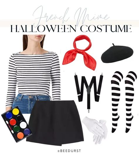 Halloween costume idea- French Mime! Such a super easy and fun costume. Accessories and shirt are both Amazon and the skirt is Abercrombie. Shop through the link below! Easy Mime Costume, Artist Halloween Costume, Mime Halloween Costume, French Mime, Mime Costume, Artist Costume, Mime Artist, Costume Inspo, Diy Halloween Projects