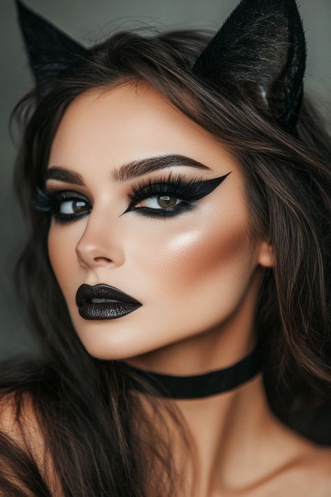 21 Easy Cat Makeup Halloween Ideas You’ll Want to Try Easy Cat Makeup Halloween, Cat Makeup Halloween Pretty, Makeup Halloween Looks, Makeup Halloween Ideas, Black Cat Makeup, Cat Face Makeup, Simple Cat Makeup, Beautiful Halloween Makeup, Black Cat Costume