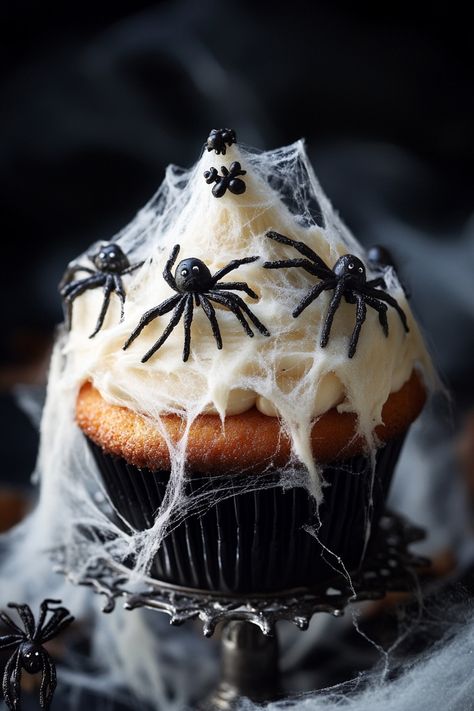 Surprise Chocolate Cupcakes for Halloween Fun Halloween Cupcake Display, Emo Cupcakes, Halloween Cake Aesthetic, Horror Cupcakes, Spider Desserts, Cupcake Decoration Ideas, Halloween Brunch, Spooky Cupcakes, Cupcakes For Halloween