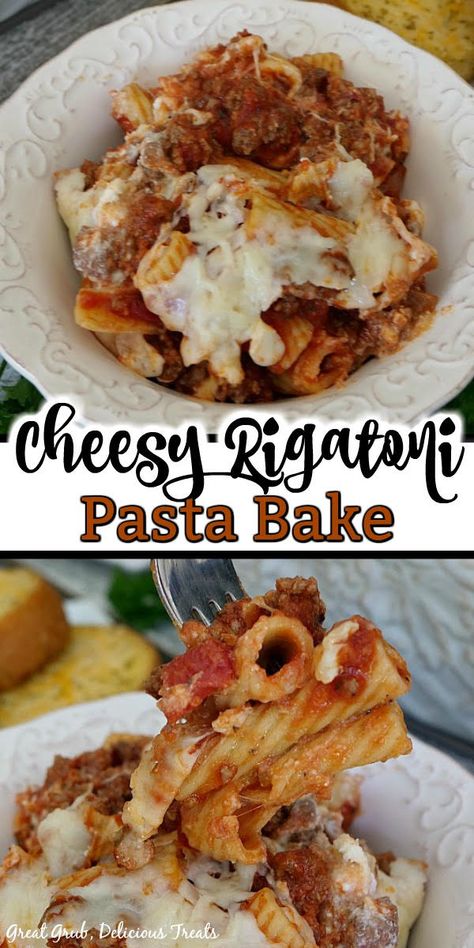 Cheesy Rigatoni Pasta Bake is an easy pasta bake that is loaded with Italian sausage, ricotta cheese, and mozzarella cheese. #easycasserole #casserolerecipe Rigatoni With Ricotta Cheese, Rigatoni Recipes With Ricotta Cheese, Rigatoni Casserole, Cheesy Rigatoni, Rigatoni Pasta Bake, Pizza Pasta Bake Recipes, Rigatoni Bake, Easy Pasta Bake, Sausage Ricotta