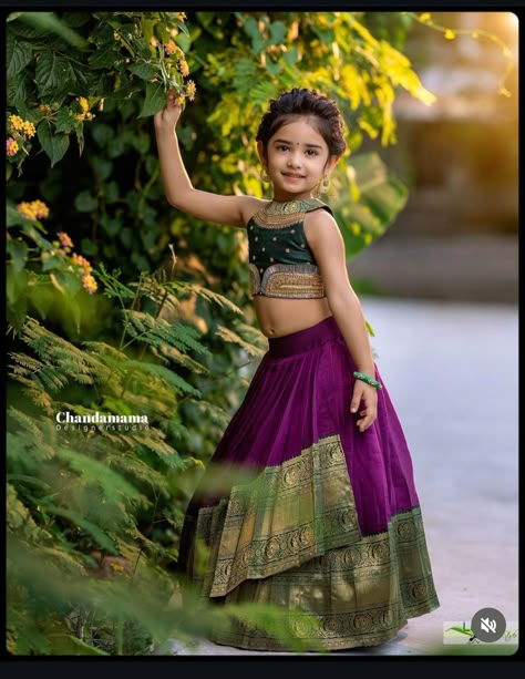 Kids Frocks Design Traditional Indian, Pattu Frocks For Kids, Pattupavada For Kids, Kids Traditional Wear Indian, Kids Pattupavada, Kids Pattu Langa Designs, Pattu Langa For Kids, Pattu Lehenga For Kids, Kids Traditional Dress