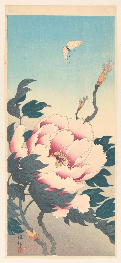 Japanese Woodblock Prints-Collected works of J Studio - All Rijksstudio's - Rijksstudio - Rijksmuseum Ohara Koson, Free Illustration Images, Japanese Flowers, Japanese Woodblock Printing, Sumi E, Vintage Japan, Japanese Prints, Woodblock Print, A Butterfly