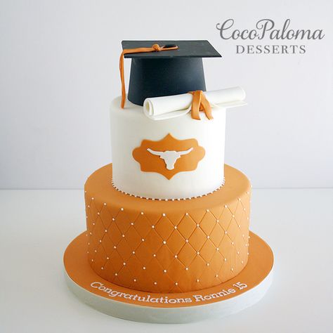 UT Graduation Cake. ©Coco Paloma Desserts https://flic.kr/p/Cz1ywo | College Send Off Cake Ideas, Ut Cakes Texas Longhorns, College Cakes Graduation, University Of Texas Cake, Ut Austin Cake, Orange And Black Graduation Cake, Ut Austin Graduation Party Ideas, Ut Graduation Party, Orange Graduation Cake