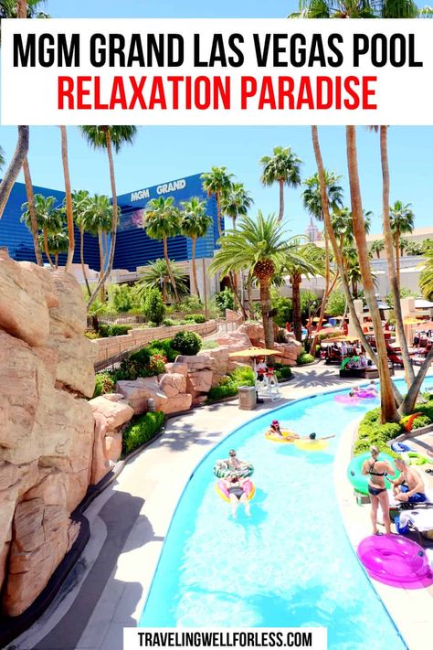 The MGM Grand Las Vegas Pool is a relaxation paradise. You can relax in four pools, a Lazy River, waterfalls, and three jacuzzis spread out over 6.5 acres. | MGM Grand Las Vegas Pool | MGM Las Vegas Pool | best pools in Las Vegas | best Vegas pools | Las Vegas pools | MGM Grand Las Vegas Hotel & Casino | #travelwell4less Mgm Grand Las Vegas Pool, Best Pools In Vegas, Lux Travel, Travelling Usa, Las Vegas Trip Planning, Vegas Trip Planning, Planet Hollywood Las Vegas, Las Vegas Pool, Mgm Las Vegas