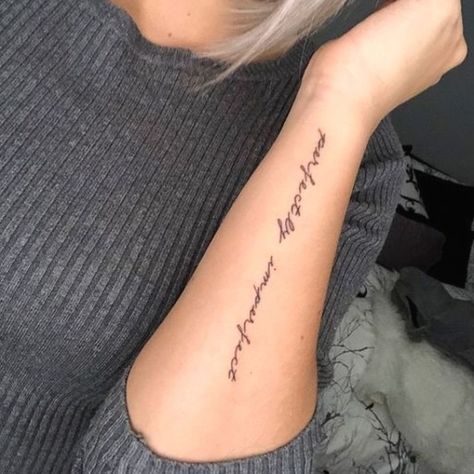 30+ Cute Small Meaningful Tattoos For Women | Meaningful ... #tattooideas #tattoo #cutetattoos Forearm Wording Tattoo Women, Cute Quote Tattoos For Women On Arm, Feminine Tattoo Placement Quotes, Tattoo Down Arm Quotes, Forearm Tattoo Women Sayings, Words Down Arm Tattoo, Small Lettering Tattoo Placement, Forearm Tattoo Women Text, Lettering Tattoo Placement Women