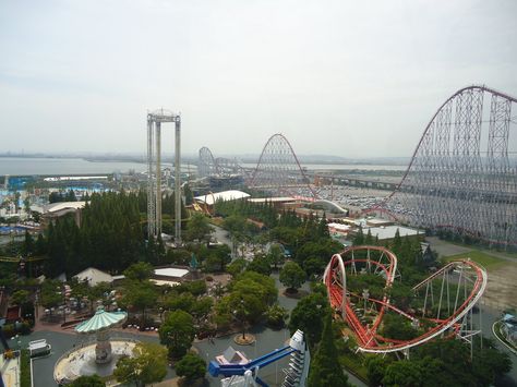 Nagashima Spa Land is a large amusement and water park in Kuwana, Mie Prefecture, Japan, kind of like a 1980s-era Cedar Point; in the distance is Steel Dragon 2000, with the Schwarzkopf-designed Shuttle Loop and Looping Star in the foreground Ghibli Theme Park, Amusement Park Aesthetic Rollercoaster, Seabreeze Amusement Park, Ghibli Amusement Park, Luna Luna Amusement Park, Cedar Point, Amusement Park, Roller Coaster, Water Park