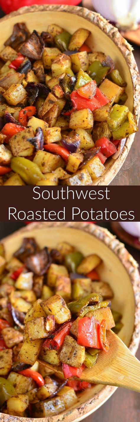 Southwest Roasted Potatoes. These roasted potatoes also have red onion and bell peppers added to them and are beautifully spiced with a southwest spice blend. #roastedpotatoes #southwestrecipe Breakfast Potatoes With Bell Peppers, Potatos Onions And Peppers Oven, Roasted Potatoes With Bell Peppers And Onions, Pepper Potato Recipe, Potato Peppers Onions Bake, Meals With Red Onion, Red Potatoes Dinner Ideas, Dinners With Peppers And Onions, Potatoes And Red Peppers