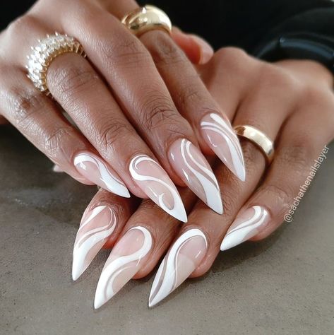 French Almond Nails Design Glitter, Acrylic Nail Swirl Designs, Acrylic Pointy Nails, Nail Art Swirls Design, Acrylic Nails Swirls, Long Almond Acrylic Nails Art Designs, Almond Stiletto Nails Design, White Swirl Nail Designs, Classy Stilleto Nails