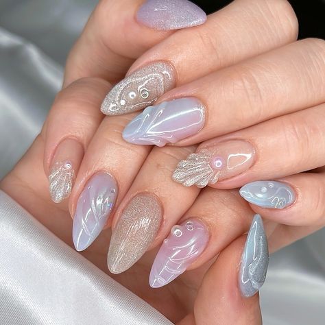 ᥫ᭡ underwater 𓇻 ₊˚ something so soothing with these colours 😌💜 June/July Mermaid special on Medium Almond Gelx #naildesign #nailart #nailinspo #mermaidnails #beachnails #summernails #magnetnails #chromenails #nails2inspire #trendynails #gelxnails #gelxinspo Mermaid Nails Almond, Almond Nails Mermaid, Mermaids Nails, Short Almond Gel Nails, Mermaid Inspired Nails, Nail Suggestions, Nails Medium Coffin, Nails Mermaid, Mermaid Nail Art