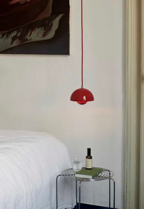 Verner Panton's minimalist Wire Stool and iconic Flowerpot lamp in red | New launches & rediscovered classics from Danish design brand &Tradition | These Four Walls blog Flowerpot Pendant, Vermilion Red, Retro Lamp, Verner Panton, Types Of Lighting, Nordic Design, Wave Pattern, Grey And Beige, Room Spray