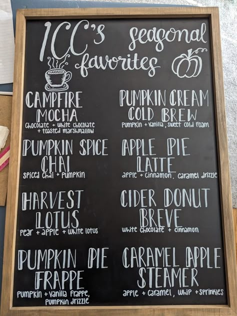 Coffee Stand Drink Ideas, Fall Coffee Menu Ideas, Coffee Specials Ideas, Back To School Coffee Drinks, September Coffee Drinks, Coffee Truck Menu Ideas, Coffee Shop Event Ideas, Coffee Shop Drink Ideas, Coffee Syrup Display