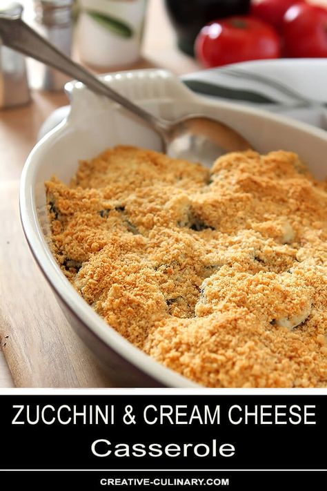 This is an old recipe that remains one of our favorites.  Zucchini is mixed with garlic, cream cheese, and butter and topped with crumbs and baked. Simple and so delicious! Cream Cheese Casserole, Garlic Cream Cheese, Cream Cheese Butter, Zucchini Boat Recipes, Vegetable Casserole Recipes, Pecan Chicken, Zucchini Casserole, Bake Zucchini, Scrumptious Food