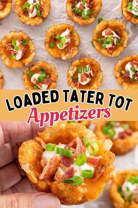 Loaded Tater Tot Cups turn plain potato puffs into crispy, bite-sized snacks stuffed with shredded cheese, bacon, sour cream, and scallions. They're the perfect finger food for parties and game day gatherings! Tater Tot Cups, Tater Tot Appetizers, Loaded Tater Tots, Baked Snacks, Hot Appetizers, Savory Pies, Delicious Appetizer Recipes, Appetizers Easy Finger Food, Best Appetizer Recipes