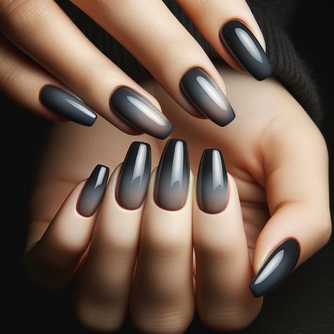 A close-up view of beautifully designed Charcoal Grey Ombre Nails featuring a gradient effect from dark charcoal to light grey, showcasing elegance and style. Airbrush Nails Ombre, Charcoal Grey Nails, Grey Ombre Nails, Chrome Nails Ombre, Chrome Nail Art Ideas, Trendy Chrome Nails, Ombré Chrome, Ombre Chrome Nails, Chrome Nail Designs