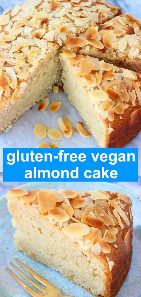 This Gluten-Free Vegan Almond Cake has a moist and fluffy sponge topped with crunchy flaked almonds, and tastes like frangipane or marzipan! It's easy to make, elegantly simple and is a versatile dessert. It comes together in one bowl and is refined sugar free too. Vegan Almond Cake, Gluten Free Sponge Cake, Gluten Free Almond Cake, Almond Flour Desserts, Sugar Free Cake Recipes, Vegan Bakes, Vegan Gluten Free Cake, Glutenfri Baking, Vegan Breads