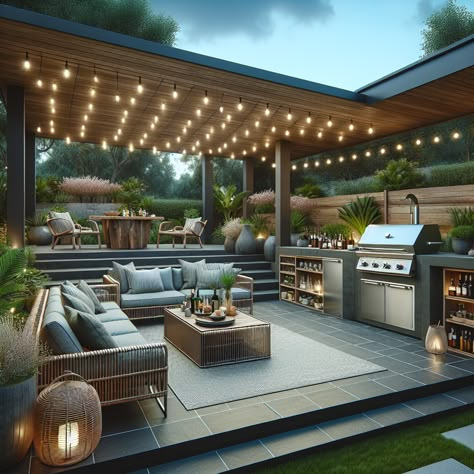 Described is a chic, minimalist patio, ideal for a bachelor who loves barbeques. It features a built-in grill, stylish rattan furniture, a wooden bar cart, sleek black slate flooring and a surround sound system. String lights and potted plants complete the inviting ambience. #OutdoorPatio #BBQGrill #RattanFurniture #BarCart #PatioDesign #BachelorPad Outdoor Grill And Hot Tub, Outdoor Grill And Bar Area, Barbeque Area Outdoor, Built In Grill Patio, Black Slate Flooring, Minimalist Patio, Backyard Bar And Grill, Wooden Bar Cart, Bbq Patio