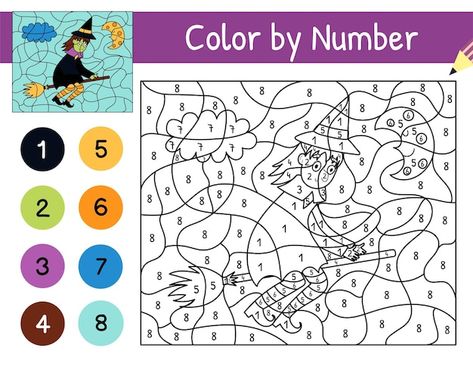 Cute witch flying on the broom color by ... | Premium Vector #Freepik #vector #activity-book #color-book #colouring #worksheet Number Games For Kids, Colouring Worksheet, Witch Flying, Number Game, Cute Witch, Number Games, English Teaching, Color Book, Halloween Coloring Pages