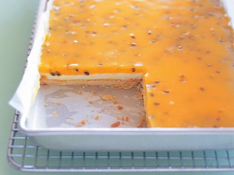 For this slice recipe you can buy passionfruit pulp from the supermarket, or, if you have an abundance of fresh passionfruit, this is a great way to put them to good use. Passionfruit Custard, Custard Slice Recipe, Easy Slices, Passionfruit Slice, Vanilla Slice Recipe, Oat Slice, Jelly Slice, Slice Recipes, Custard Slice