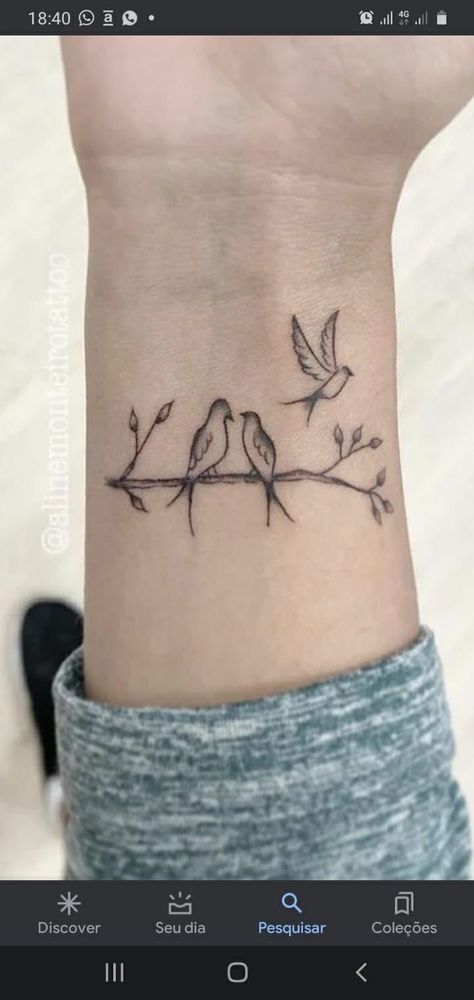 Small Wrist Memorial Tattoos, Wrist Tattoos For Women Birds, 3 Birds Tattoo Wrist, Bird Tatoos Woman Wrist, Two Birds On A Branch Tattoo, 3 Birds On A Branch Tattoo, Best Friend Bird Tattoos, Love Bird Tattoos For Women, Three Birds On A Branch Tattoo