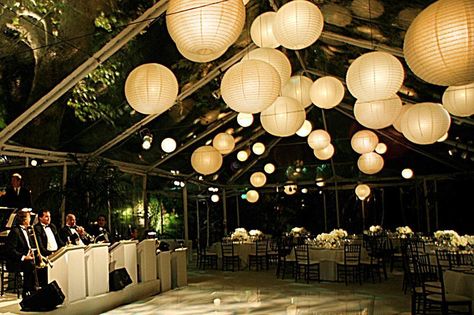 Paper lanterns above your dance floor. Pretty Wedding Reception, Wedding Reception Dance Floor, Floor Lanterns, Outdoor Wedding Backdrops, Wedding Theme Color Schemes, Floor Lantern, White Paper Lanterns, Dark Wedding Theme, Dance Floor Wedding