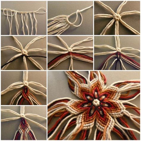 DIY No-Knit Weaving Flower of Yarn Yarn Crafts For Kids, Easy Yarn Crafts, Pola Macrame, Yarn Wall Art, Rope Diy, Astuces Diy, Diy Weaving, Rope Crafts, Friendship Bracelets Diy