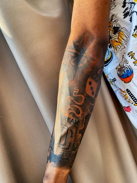 Dream Chaser Forearm Tattoo, Dream Chaser Tattoo For Men, Dream Chasers Tattoo, Humble Beast Tattoo Men, Dream Chaser Tattoo Design, Back Forearm Tattoo Men, Dream Chaser Tattoo, Back Of Forearm Tattoo, Cloud Tattoo Sleeve