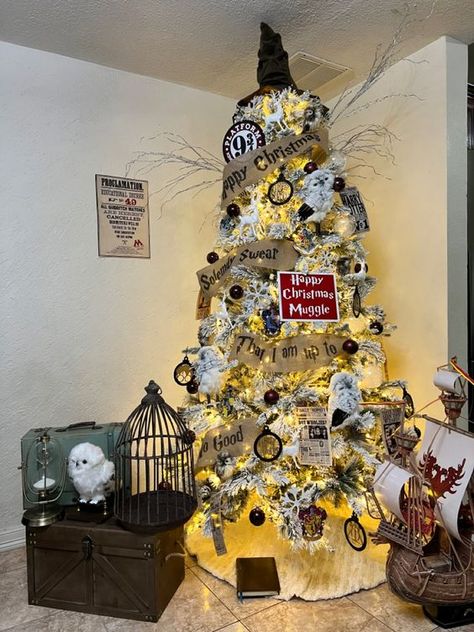 Christmas Tree Ideas You Will LOVE this Holiday Season | Christmas Trees | Discover 21 spectacular Christmas tree ideas that will bring holiday cheer and magic into your home like never before! | white Christmas tree ideas, themed Christmas #christmas #tree #grinch #aesthetic #christmasdecor #christmastree #grinchchristmas #holidays White Harry Potter Christmas Tree, Harry Potter Theme Christmas Decoration, Harry Potter Theme Christmas Tree, Hufflepuff Christmas Tree, Christmas Tree Harry Potter, Harry Potter Christmas Tree Ideas, Harry Potter Theme Christmas, Grinch Aesthetic, Christmas Tree Grinch