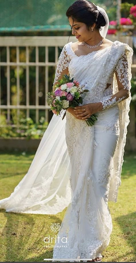 Wedding Saree White Christian, Christian Wedding Sari, White Saree For Christian Wedding, White Sarees For Wedding, Indian Christian Wedding Saree, Christian Wedding Saree Collection, Indian Christian Wedding Gowns, Parsi Bride, White Saree For Wedding