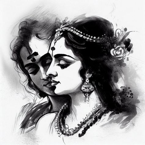 https://www.artsindia.com/products/a-black-and-white-sketch-of-hindu-lord-radha-krishna-in-love?_pos=5&_sid=290bdfad8&_ss=r Ganpati Name Art, Krishna Tattoo, Full Sleeve Tattoo Design, Human Figure Sketches, Boho Art Drawings, Canvas Art Projects, Eagle Tattoos, Black And White Sketches, Tattoo Style Drawings