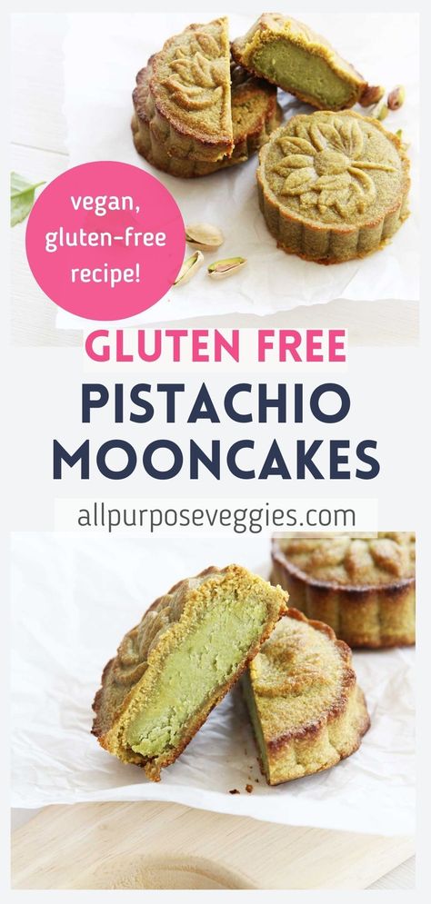 Gluten Free Matcha Recipes, Vegan Moon Cake Recipe, Moon Cake Gluten Free, Gluten Free Mooncake Recipe, Gluten Free Moon Cakes, Healthy Mooncake, Vegan Moon Cake, Pistachio Mooncakes, Gluten Free Korean Recipes