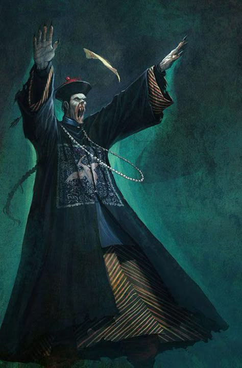 A jiangshi, also known as a Chinese "hopping" vampire or zombie, is a type of reanimated corpse in Chinese legends and folklore. It is typically depicted as a stiff corpse dressed in official garments from the Qing Dynasty, and it moves around by hopping, with its arms outstretched. It kills living creatures to absorb their qi, or "life force", usually at night, while in the day, it rests in a coffin or hides in dark places such as caves Hopping Vampire, Chinese Vampire, Mr Vampire, Hong Kong Cinema, Rigor Mortis, Vampire Masquerade, Byakuya Kuchiki, Chinese Mythology, World Of Darkness