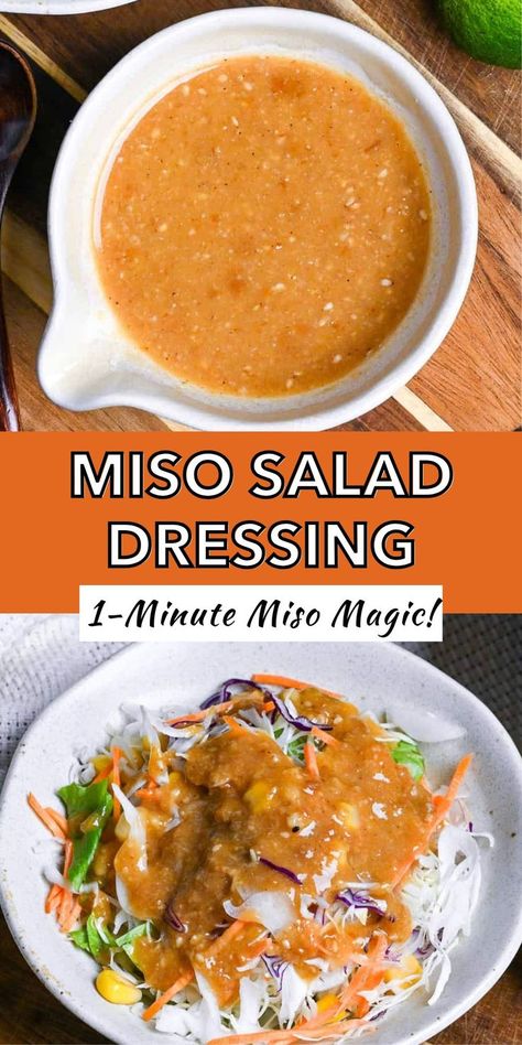 Homemade miso salad dressing recipe: orange dressing in bowl and on colorful vegetable slaw Japanese Salad Dressing Recipe, Japanese Salad Recipes, Miso Dressing Recipe, Miso Salad, Miso Salad Dressing, Japanese Salad Dressing, Homemade Miso, Miso Recipe, Japanese Salad