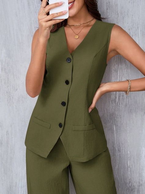 Women's Elegant Solid Color Vest Jacket, Summer Army Green Casual  Sleeveless Woven Fabric Plain vest Non-Stretch  Women Clothing, size features are:Bust: ,Length: ,Sleeve Length: Tailored Outfits, Plain Vest, Jacket Summer, Clothing Wishlist, Inspiration Mode, Womens Fall, Lightweight Jacket, Outerwear Women, Socks Women