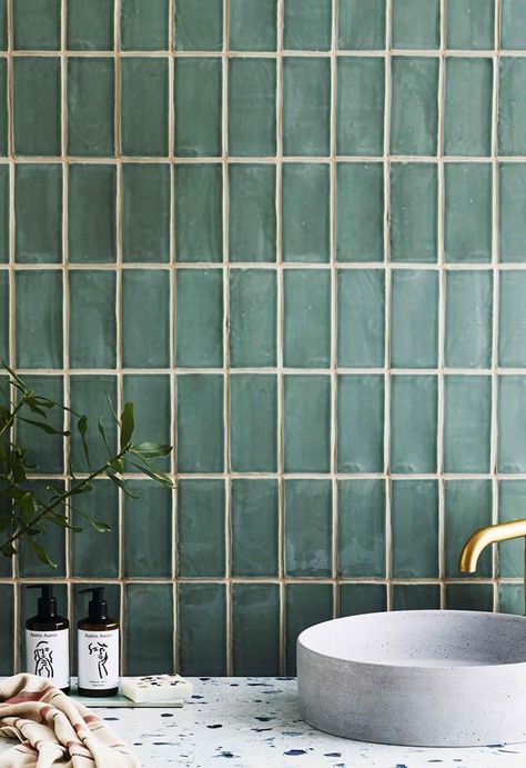 5 tile trends that will take over your bathroom in 2020 | Inside Out Tile Cloud, Kitchen Wall Tiles Design, Coloured Grout, Wall Tiles Design, Concrete Basin, Ceramic Subway Tile, Tile Trends, Bathroom Design Inspiration, Kitchen Wall Tiles