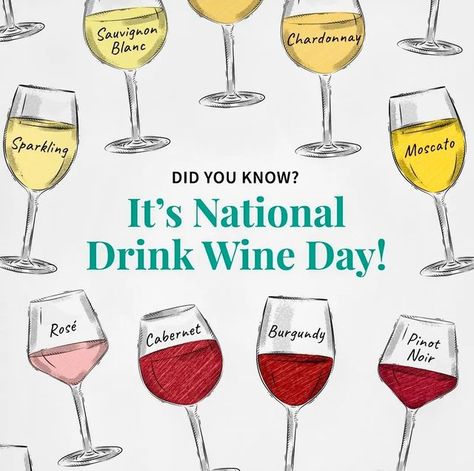 National Drink Wine Day, Drink Wine Day, Drink Wine, Moscato, Chardonnay, Wine Drinks, Holiday Cards, Alcoholic Drinks, Every Day