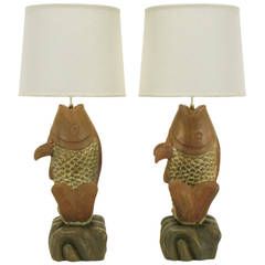 Substantial Pair of Hand-Carved Wood Koi Fish Table Lamps | From a unique collection of antique and modern table lamps at https://www.1stdibs.com/furniture/lighting/table-lamps/ Fish Table, Lamp Ceramic, Fish Home, Japanese Koi, Modern Table Lamps, Brass Wood, White Room, Wood Interiors, Stone Crafts