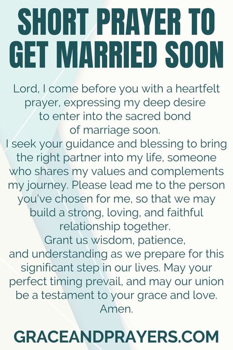 Seeking prayers to get married soon? Whether you want to find a husband or wife, or take the next step, we hope you can use these 6 prayers! Click to read all prayers to get married soon. Wanting To Get Married Quotes, Praying For Future Wife, Prayer To Get Married Soon, Prayer To Find Love Future Husband, Prayer To My Husband, Best Time To Get Married, Prayer To Find A Husband, Praying For Future Husband, Finding A Husband