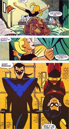 Harley Quinn, Robin & Nightwing. This will always be one of my favorite moments from the comics Nightwing Comic, Batman Batman, Batman Stuff, Univers Dc, Batman And Catwoman, Tim Drake, Im Batman, Dc Memes, Batman And Robin