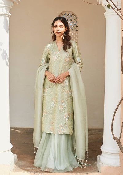 Pastel Dress Outfit, Pastel Green Dress, Green Sharara, Organza Kurta, Pastel Color Dress, Embroidered Sharara, Simple Pakistani Dresses, Sharara Set, Indian Fashion Designers