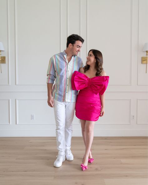 Barbie & Ken outfit idea! Obsessed with this big bow mini pink dress, would be so fun for a party! Click the link to shop! Pink Couple Outfit, Ken Outfit Ideas, Pink Barbie Outfits, Barbie Themed Outfits, Fashion Party Outfit, Mini Pink Dress, Barbie Outfit Ideas, Party Style Outfit, Outfits Church