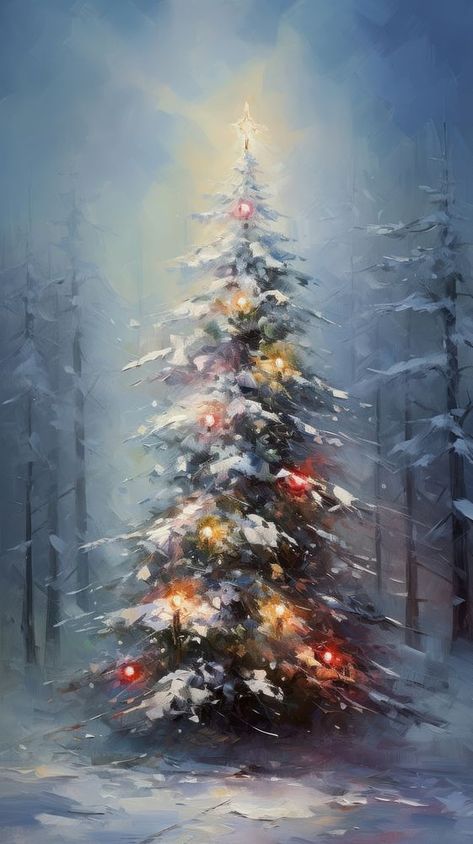 Paintings Of Christmas Trees, Large Christmas Art, Acrylic Winter Scene Paintings, Christmas Scene Painting, Christmas Oil Paintings, Christmas Tree Artwork, Paint Christmas Tree, Teacher Chair, Oil Painting Christmas