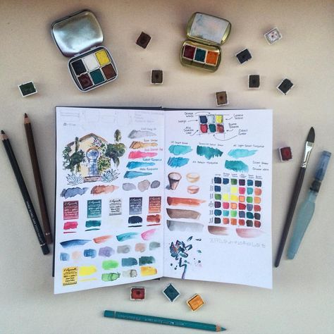 See Instagram photos and videos from Dina Brodsky (@dinabrodsky) Gouache Palette, My Color Palette, Travel Art Kit, Limited Palette, Commonplace Book, Watercolor Journal, Paint Swatches, Watercolor Sketchbook, Watercolor Palette