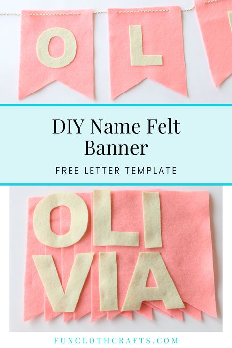 Find tips for creating your DIY name felt banner. Before starting your DIY felt project, I would recommend deciding what text and colors you like for your banner. Follow by finding the best font for the text. I offer a couple of alphabets you may like. Then, learn tips on how to make and attach the letters to the felt bunting. The last tips focus on how to string and hang the felt banner. Felt Letter Banner Diy, How To Make Felt Letters Diy, Bunting Banner Nursery, Diy Name Banner For Nursery, Diy Cricut Banner, Felt Banner Cricut, Diy Birthday Garland Banner, Diy Letter Banner, Diy Felt Letter Garland